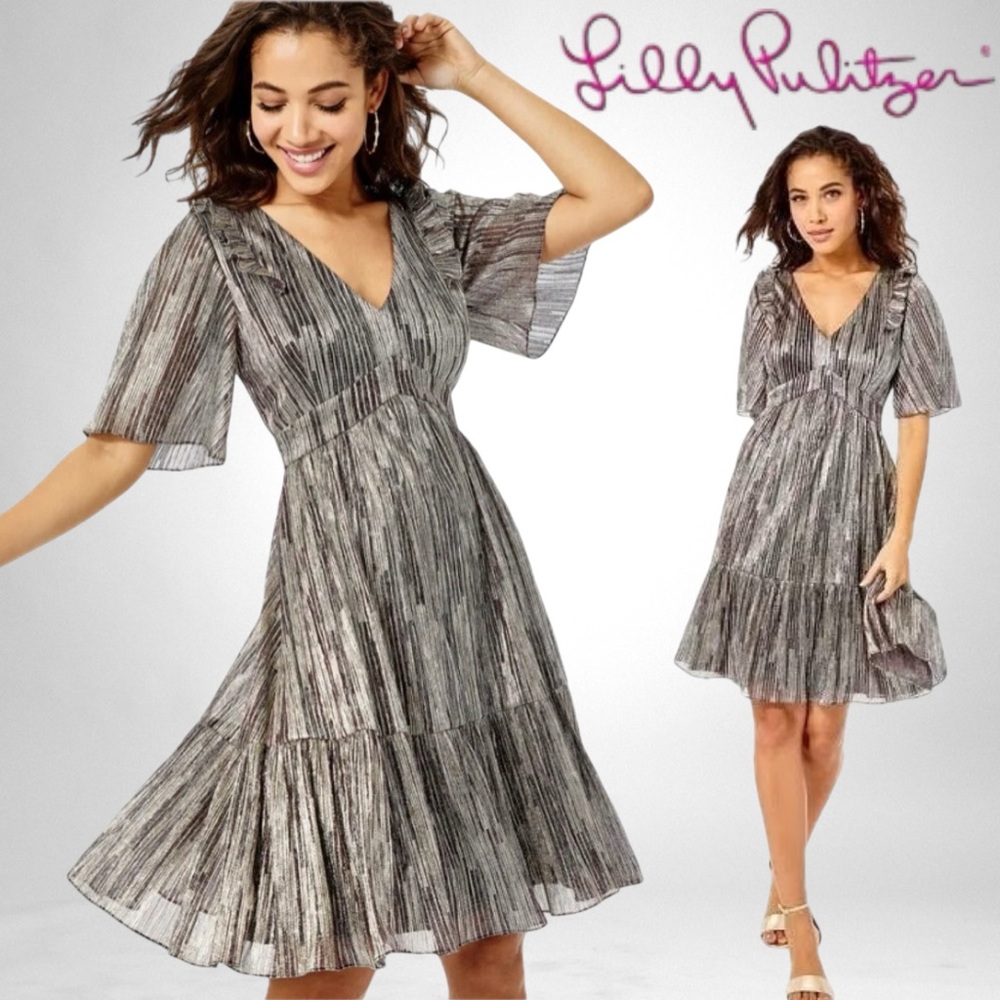 Lilly Pulitzer Racheli Crinkle Dress Tiered Gold Metallic Berry Stripe Rope Sz 8